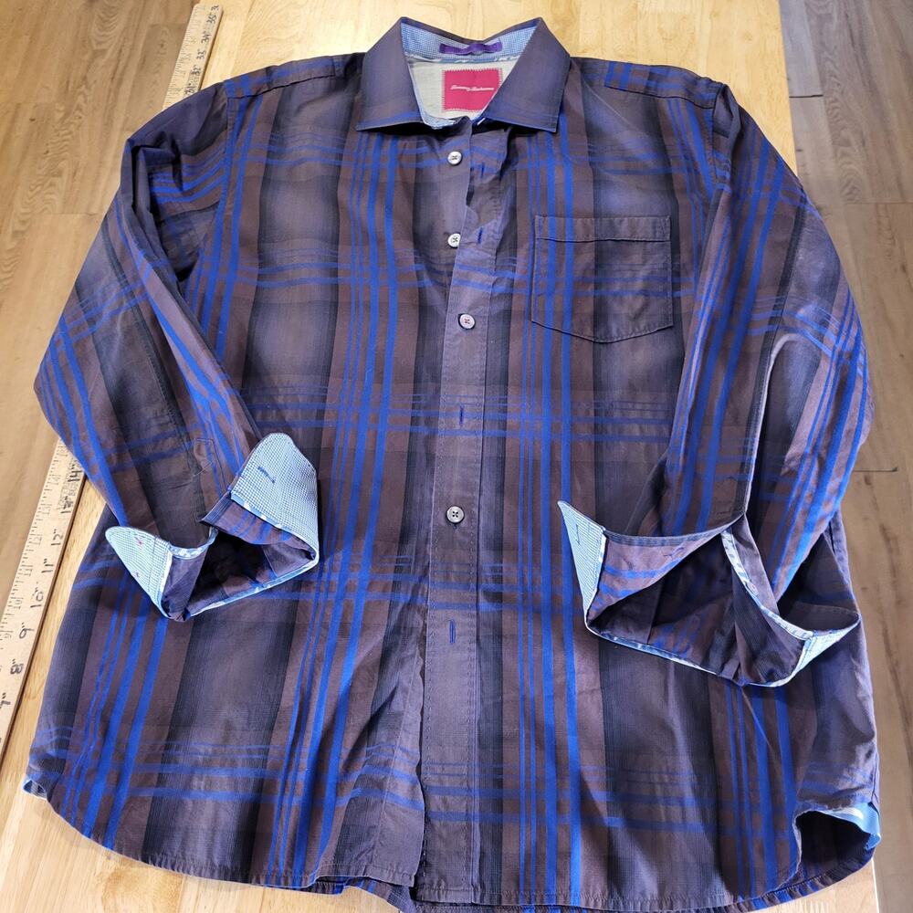 Tommy Bahama Blue Purple Plaid Men's Button Down Collared Contrast Cuff